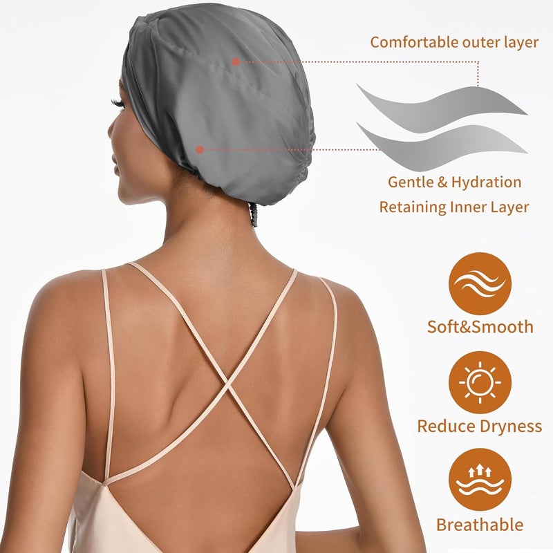 elio Adjustable Silk Satin Hair Bonnet for Sleeping with 5% Mulberry Silk – Double Layer Hair Cap for Women & Men, Extra Smooth Night Cap for Curly, Braided, Natural Hair – Silk Shower Cap (Grey) - Image 3